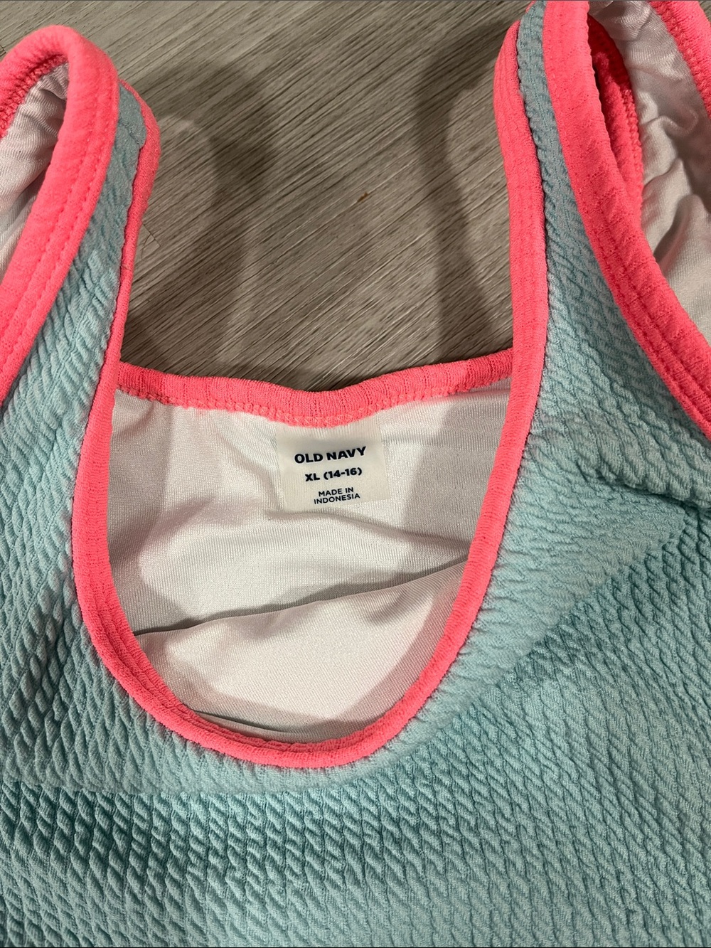 Old Navy Two-Tone Blue & Lime Green Girls Cutout Swim Suit with Pink Trim - Picture 2 of 3